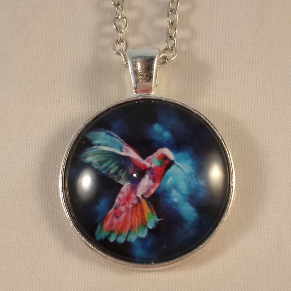 Silver Mystical Hummingbird Cabochon Pendant Chain Necklace Party Gift - Picture 2 of 3